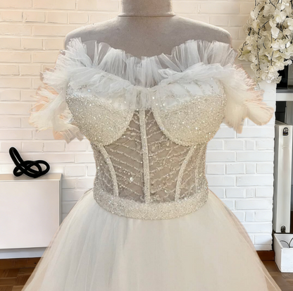 Luxurious Off-Shoulder Wedding Dress Ideas A-Line Sequins Tiered Bridal Gown AP6655