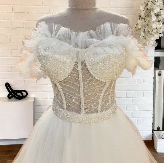 Luxurious Off-Shoulder Wedding Dress Ideas A-Line Sequins Tiered Bridal Gown AP6655
