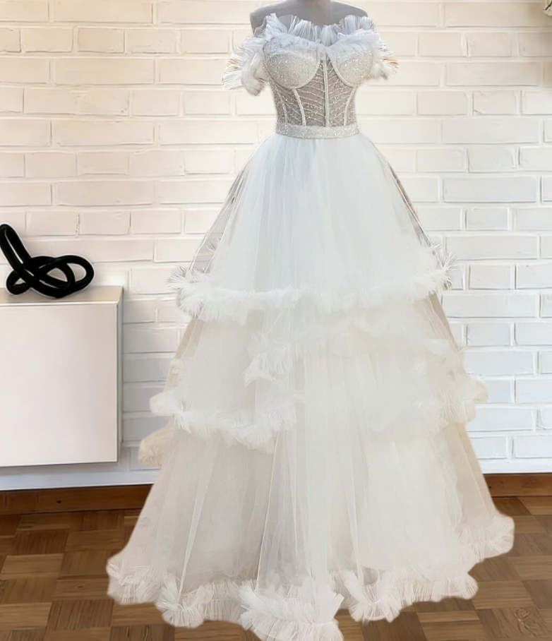 Luxurious Off-Shoulder Wedding Dress Ideas A-Line Sequins Tiered Bridal Gown AP6655