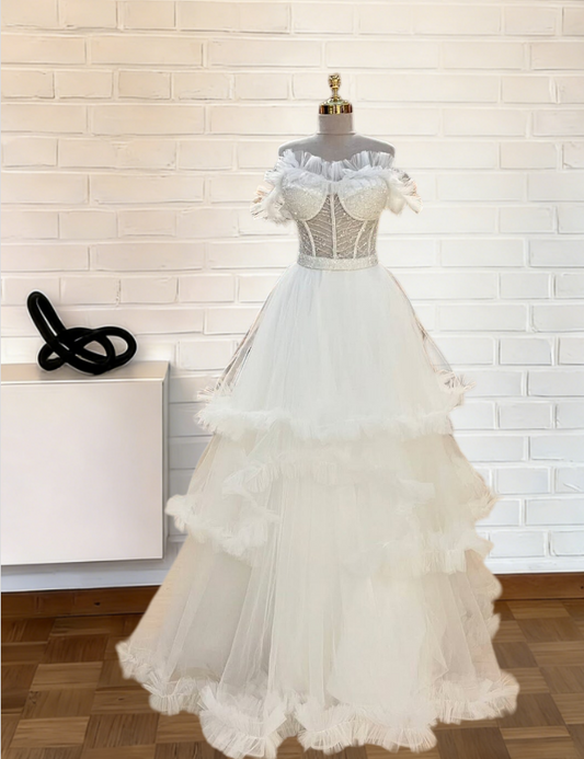 Luxurious Off-Shoulder Wedding Dress Ideas A-Line Sequins Tiered Bridal Gown AP6655