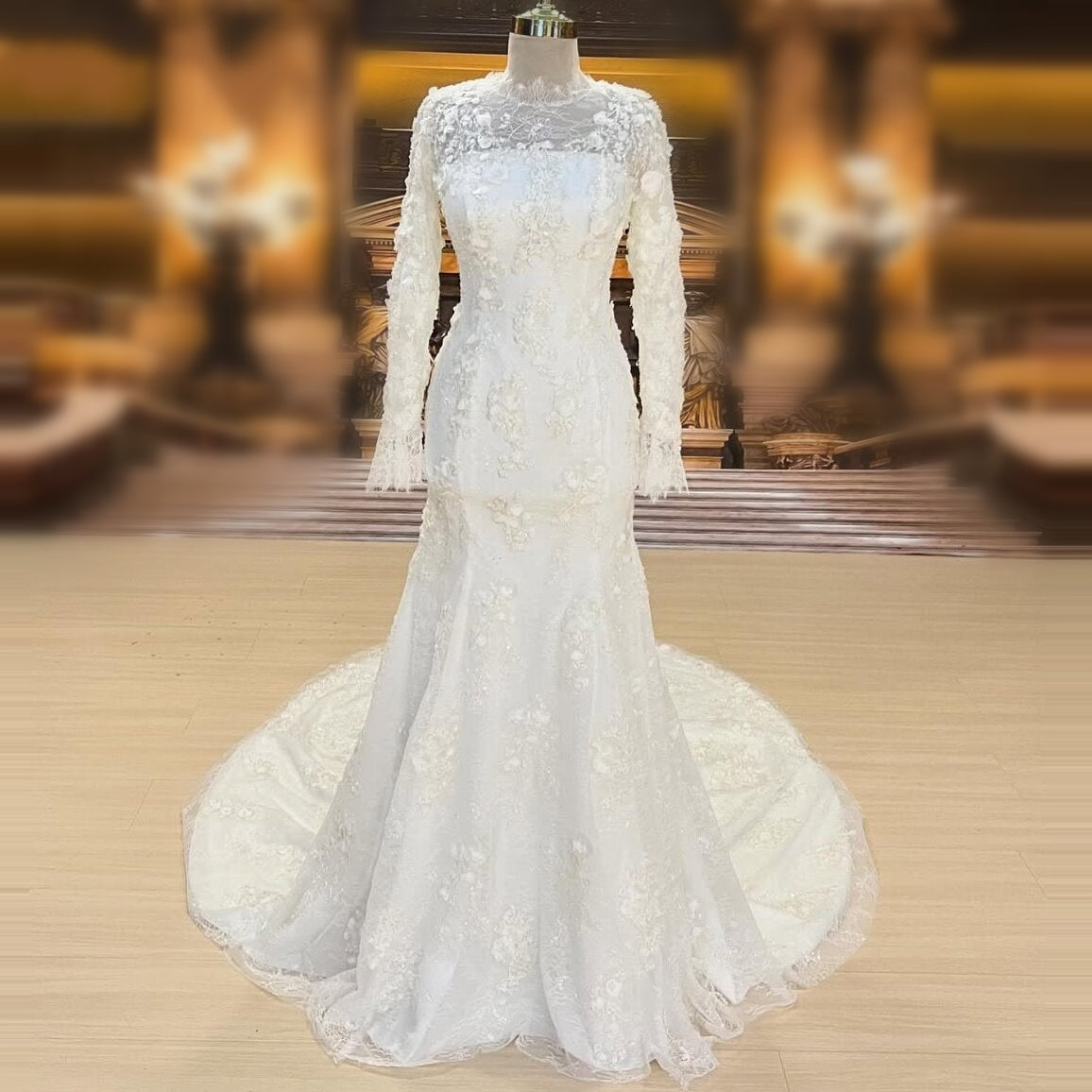 Graceful Wedding Dress Lace Appliques Long Sleeve Mermaid Bridal Dress AP6657