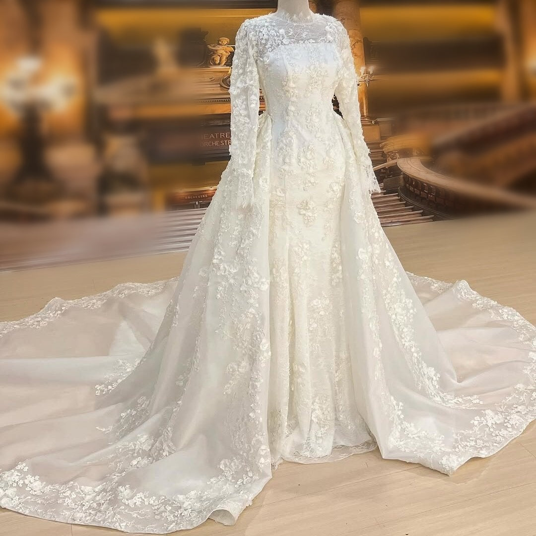 Graceful Wedding Dress Lace Appliques Long Sleeve Mermaid Bridal Dress AP6657
