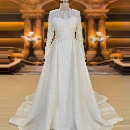 Elegant Jewel Neck Wedding Dress Long Sleeve A-Line Sequins Bridal Dress AP6658