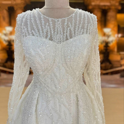 Elegant Jewel Neck Wedding Dress Long Sleeve A-Line Sequins Bridal Dress AP6658