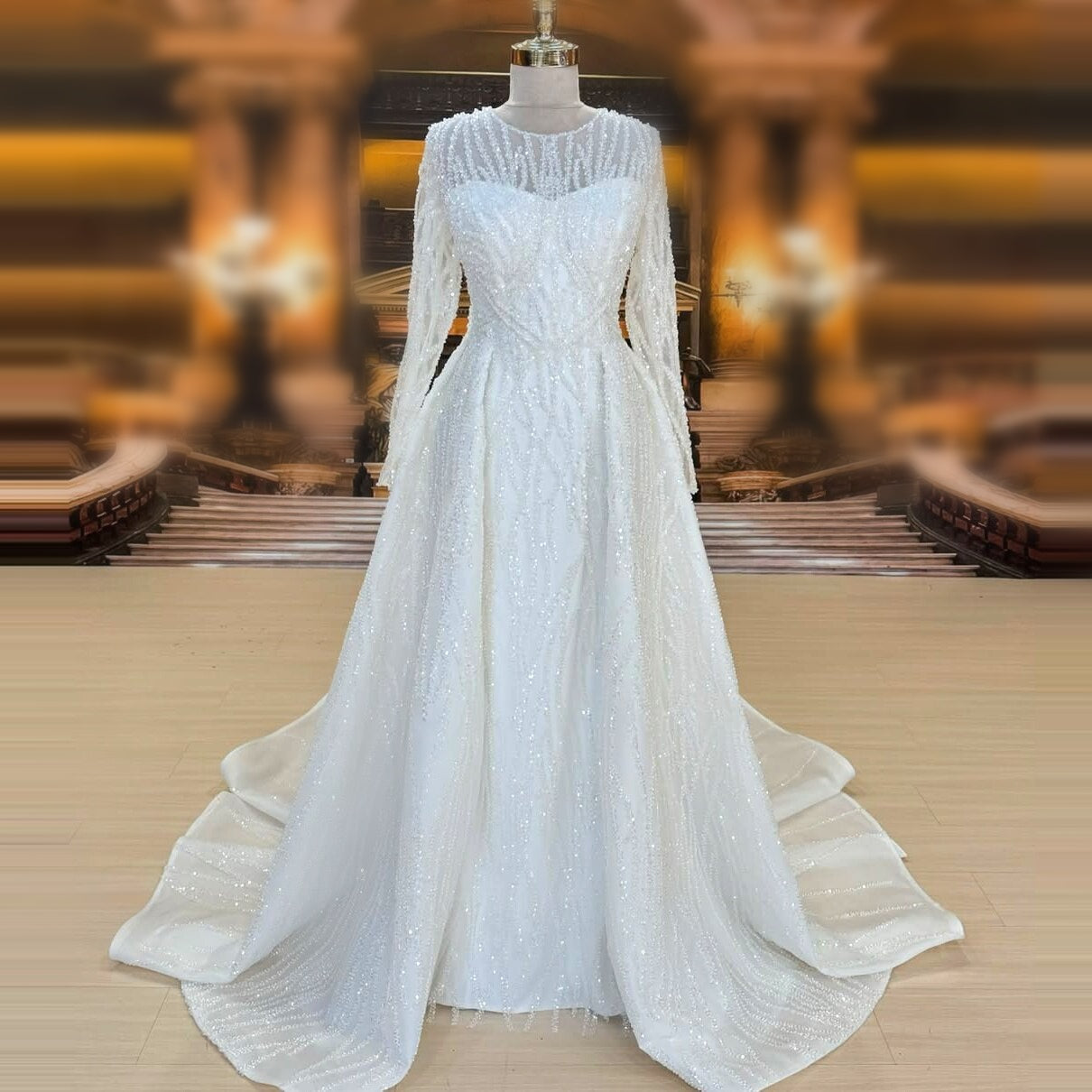 Elegant Jewel Neck Wedding Dress Long Sleeve A-Line Sequins Bridal Dress AP6658