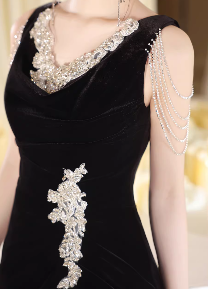 Fantastic V Neck Black Prom Dress Long Mermaid Evening Outfit Appliques Beading Formal Dresses AP6660