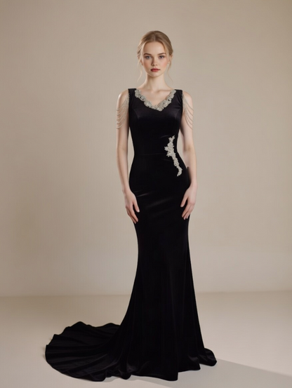 Fantastic V Neck Black Prom Dress Long Mermaid Evening Outfit Appliques Beading Formal Dresses AP6660