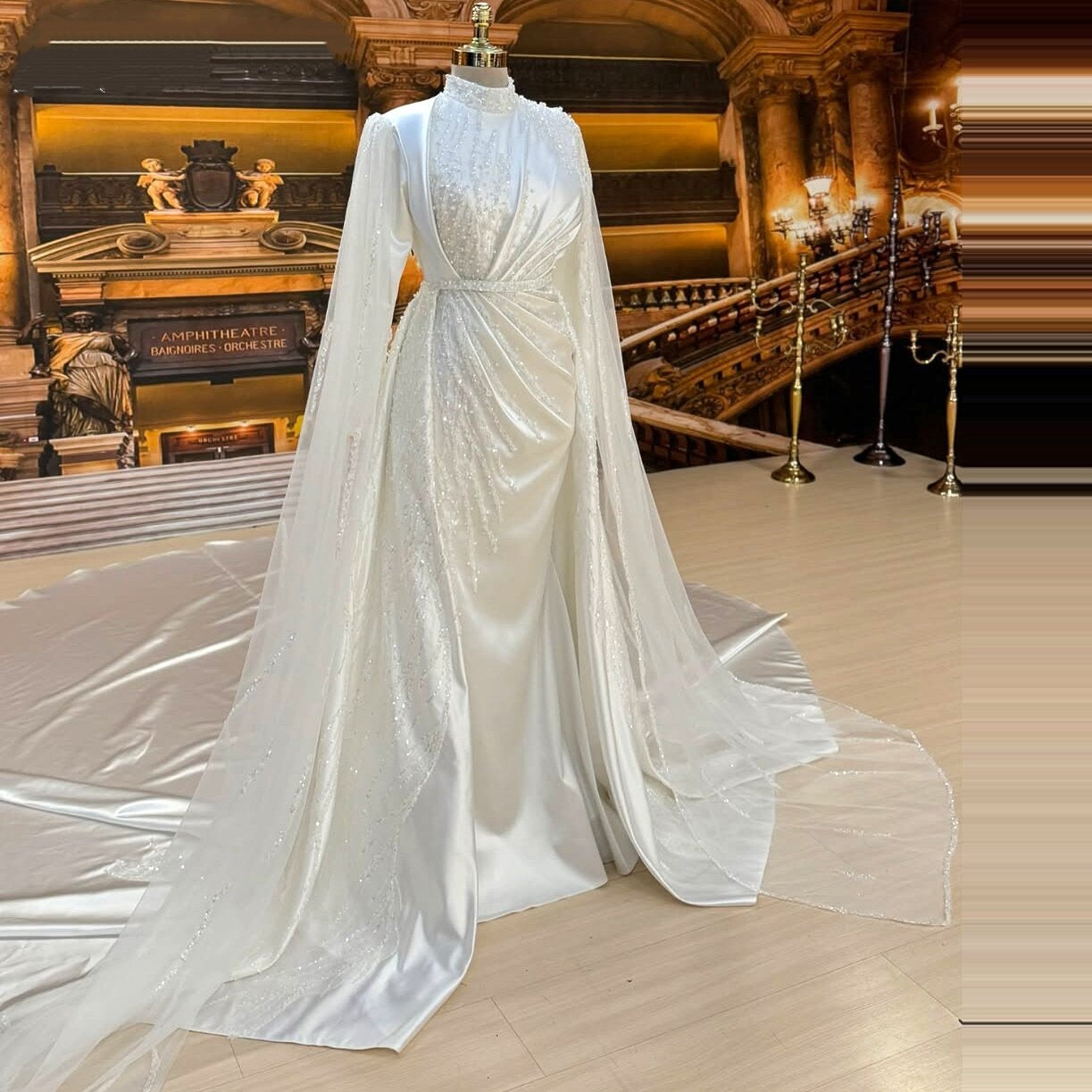 Cute Long Sleeve Wedding Dress High Collar A-Line Sequins Bridal Gown AP6662