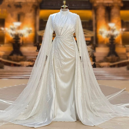 Cute Long Sleeve Wedding Dress High Collar A-Line Sequins Bridal Gown AP6662