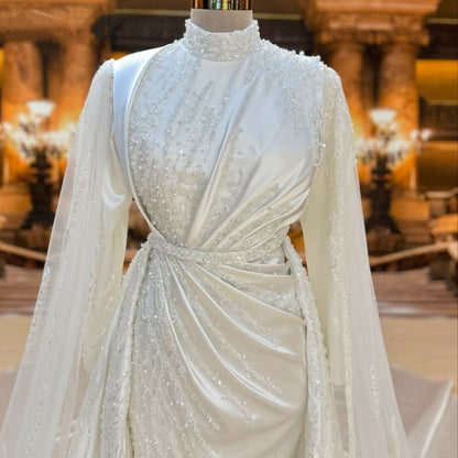 Cute Long Sleeve Wedding Dress High Collar A-Line Sequins Bridal Gown AP6662