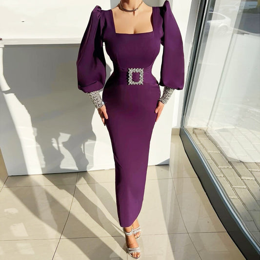 Vintage Square Neck Purple Prom Dress Long Sleeve Sheath Evening Dress Crystals Long Dress AP6663