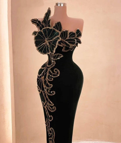 Ethereal Black Prom Dress Ideas Strapless Sheath Evening Outfit Appliques Sequins Formal Dress AP6666