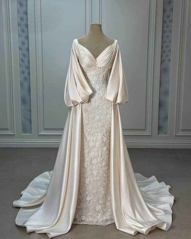 Sheen V Neck Long Sleeve Wedding Dress A-Line Appliques Bridal Gown AP6667