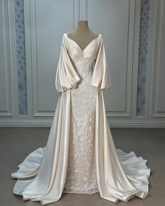 Sheen V Neck Long Sleeve Wedding Dress A-Line Appliques Bridal Gown AP6667