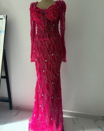 Gorgeous Hot Pink Prom Dress Long Sleeve Sweetheart Mermaid Evening Dress Sequins Beaded Long Dress AP6669