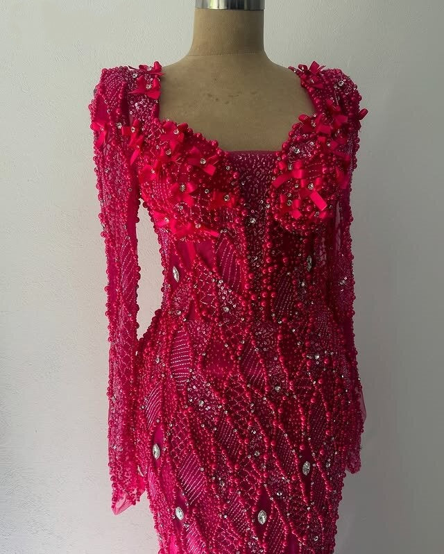 Gorgeous Hot Pink Prom Dress Long Sleeve Sweetheart Mermaid Evening Dress Sequins Beaded Long Dress AP6669
