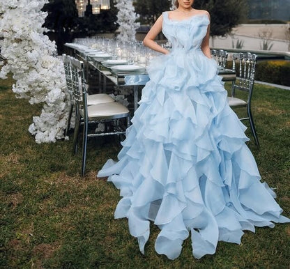 Glam Flounced Blue Prom Dress Long A-Line One Shoulder Evening Gowns AP6670