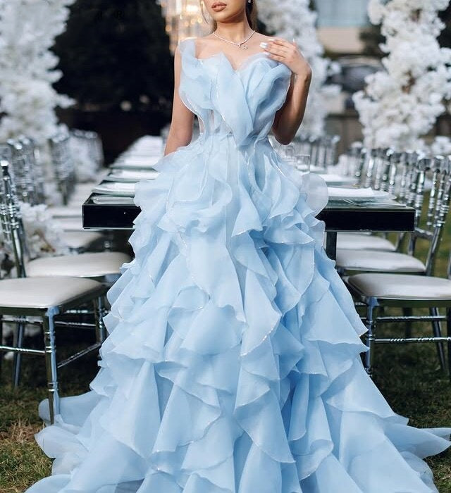 Glam Flounced Blue Prom Dress Long A-Line One Shoulder Evening Gowns AP6670
