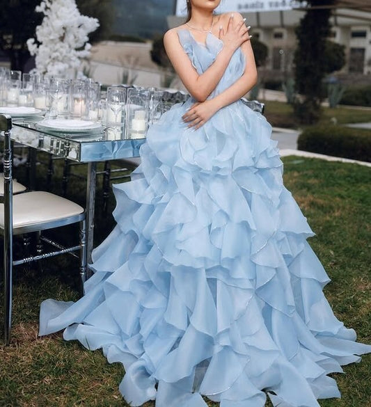 Glam Flounced Blue Prom Dress Long A-Line One Shoulder Evening Gowns AP6670