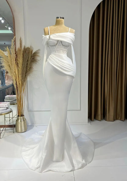 Glamorous Beaded Wedding Dresses With Sleeves Spaghetti Strap Mermaid Bridal Gowns AP6671