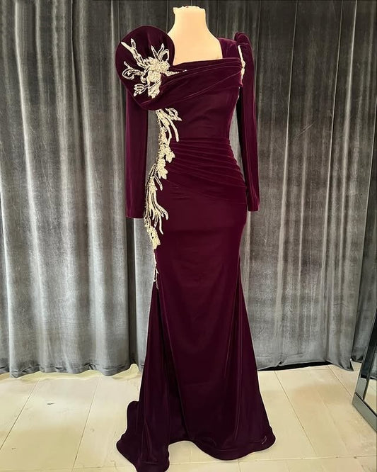 Dramatic Square Neck Prom Dress Long Sleeve Appliques Mermaid Evening Dress AP6672