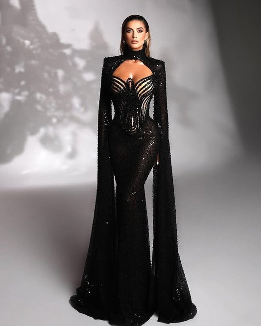 High Collar Cutout Black Prom Dress Elegant Long Sleeve Sequins Mermaid Evening Dress AP6673