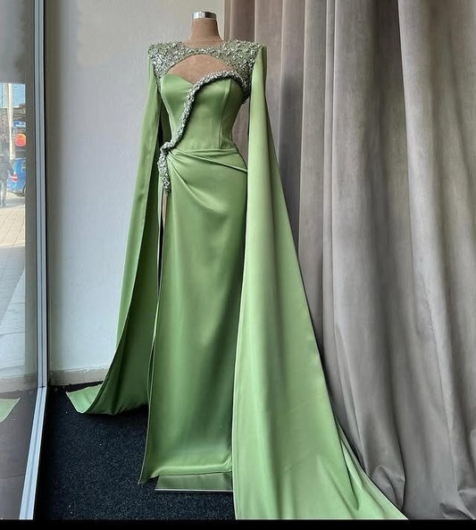 Stunning Jewel Neck Green Prom Dress Long Sleeve Sheath Evening Wear Beaded Sequins Formal Dress AP6675