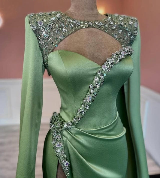 Stunning Jewel Neck Green Prom Dress Long Sleeve Sheath Evening Wear Beaded Sequins Formal Dress AP6675