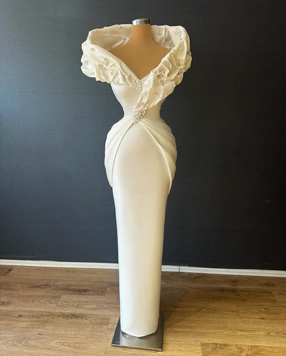 Novelty Prom Dresses White Off-Shoulder Sheath Beaded Evening Dress AP6676