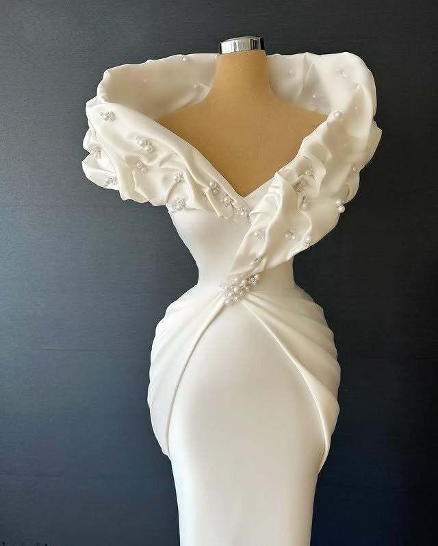 Novelty Prom Dresses White Off-Shoulder Sheath Beaded Evening Dress AP6676
