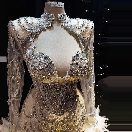 Unique High Collar Cutout Homecoming Dresses Crystals Bodycon Hoco Ideas Long Sleeve Feather Birthday Dress AP6677
