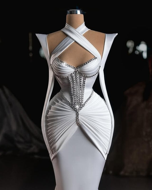 French Style Halter Neck Beaded Wedding Dress Long Sleeve Mermaid Bridal Dresses AP6679