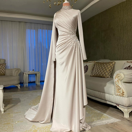 Simple Wedding Dress Crystals Gathered Sheath Long Sleeve Bridal Party Outfits AP6683