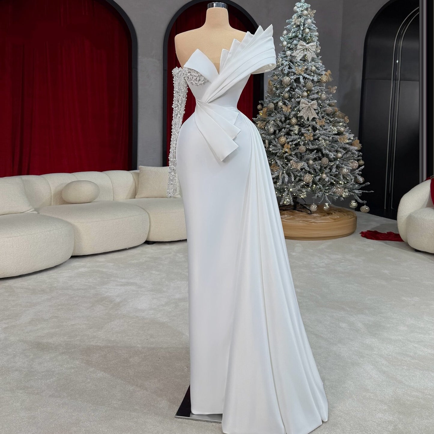 Sparkly Beaded Long Sleeve Wedding Dress Off-Shoulder Sheath Bridal Party Outfits AP6684