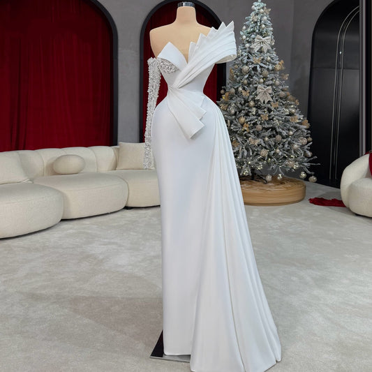 Sparkly Beaded Long Sleeve Wedding Dress Off-Shoulder Sheath Bridal Party Outfits AP6684