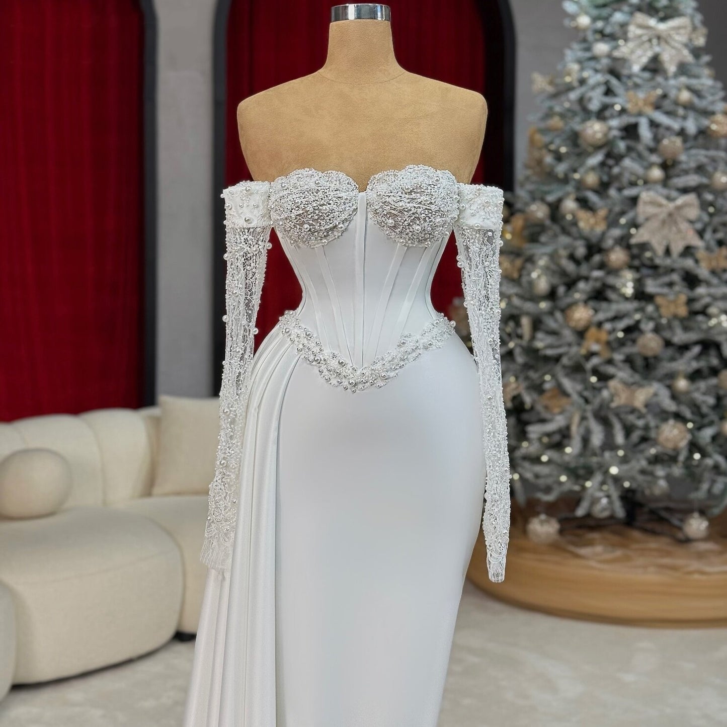 Adorable Off-Shoulder Wedding Dress Ideas Beaded Long Sleeve Sheath Bridal Outfits AP6685