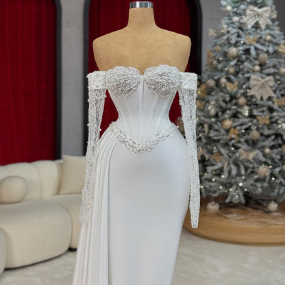 Adorable Off-Shoulder Wedding Dress Ideas Beaded Long Sleeve Sheath Bridal Outfits AP6685