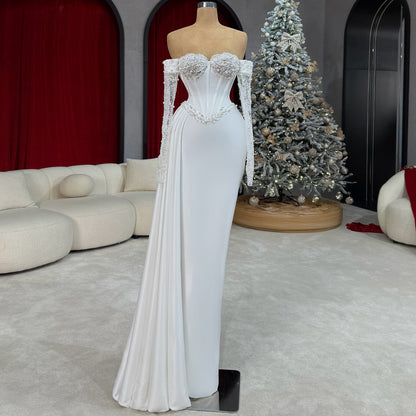 Adorable Off-Shoulder Wedding Dress Ideas Beaded Long Sleeve Sheath Bridal Outfits AP6685