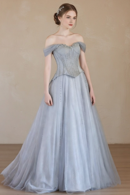 Bling Blue Prom Dresses Inspo Off-Shoulder A-Line Formal Wear Sequins Beads Evening Dresses AP6687