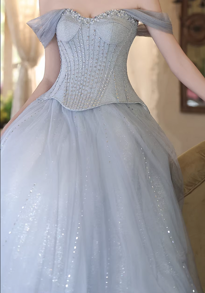 Bling Blue Prom Dresses Inspo Off-Shoulder A-Line Formal Wear Sequins Beads Evening Dresses AP6687