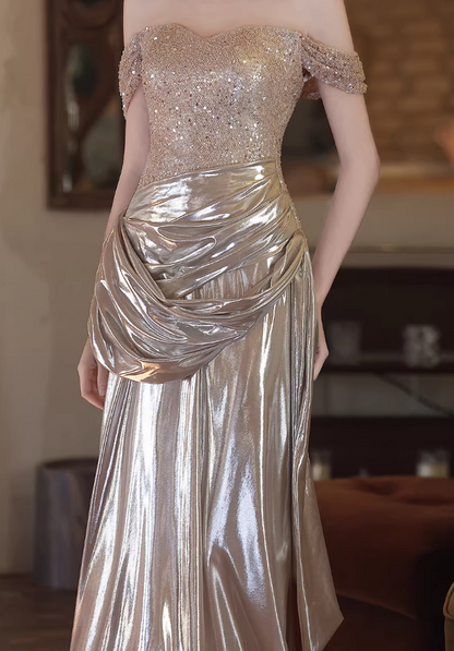 Stylish Draped Prom Dresses Long Off-Shoulder Sheath Sequins Evening Dress AP6688
