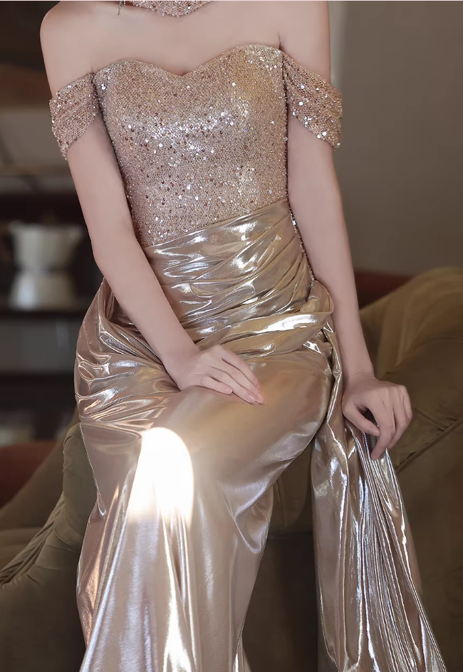 Stylish Draped Prom Dresses Long Off-Shoulder Sheath Sequins Evening Dress AP6688