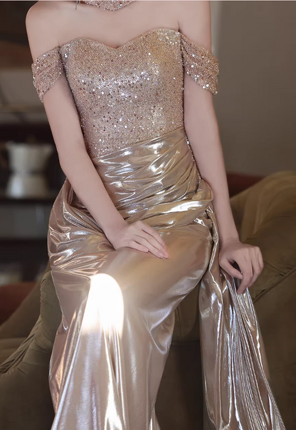 Stylish Draped Prom Dresses Long Off-Shoulder Sheath Sequins Evening Dress AP6688