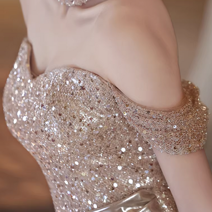 Stylish Draped Prom Dresses Long Off-Shoulder Sheath Sequins Evening Dress AP6688