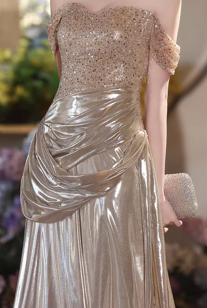Stylish Draped Prom Dresses Long Off-Shoulder Sheath Sequins Evening Dress AP6688