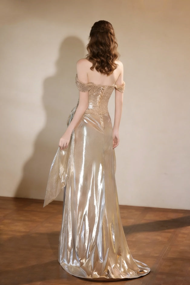 Stylish Draped Prom Dresses Long Off-Shoulder Sheath Sequins Evening Dress AP6688