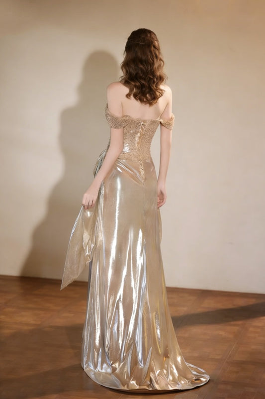 Stylish Draped Prom Dresses Long Off-Shoulder Sheath Sequins Evening Dress AP6688