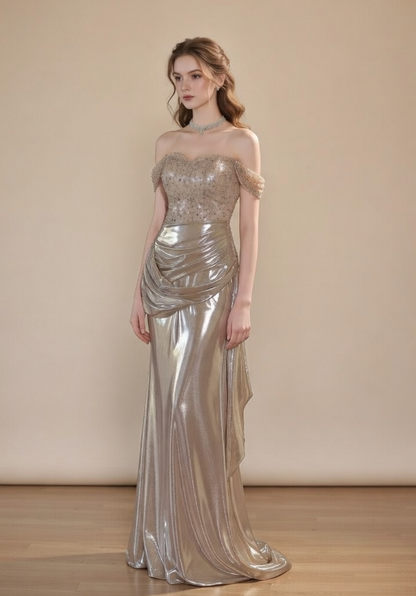 Stylish Draped Prom Dresses Long Off-Shoulder Sheath Sequins Evening Dress AP6688