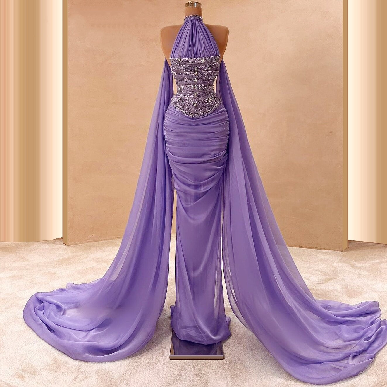 Fitted Beaded Prom Dress Purple Sheath Formal Wear Halter Neck Evening Dress AP6689