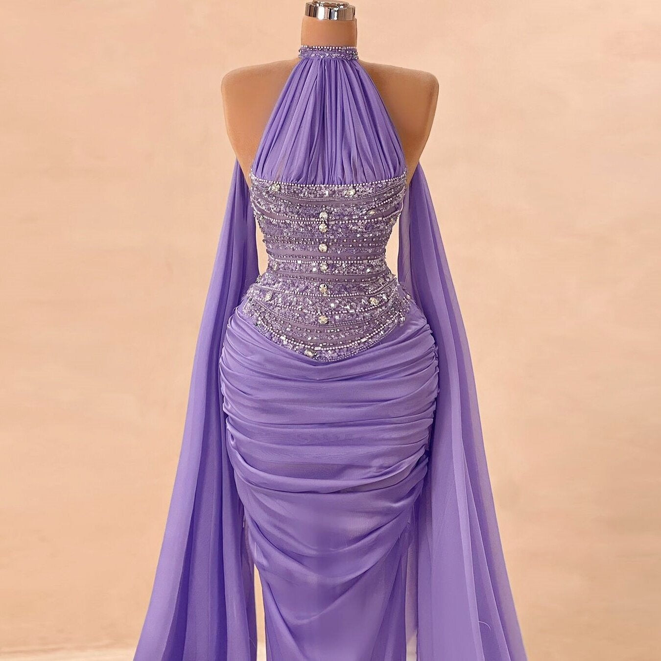 Fitted Beaded Prom Dress Purple Sheath Formal Wear Halter Neck Evening Dress AP6689